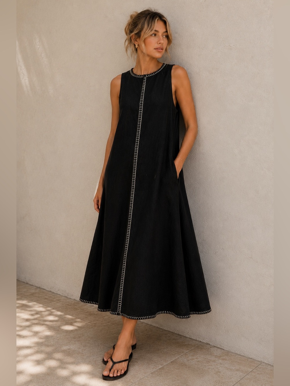 🖤 Magaschoni 100% Linen Black Sleeveless Midi Dress | Size 8 | Trim Detail - Picture 1 of 6